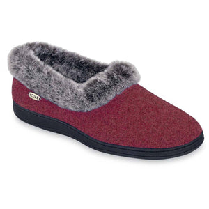 Acorn burgundy felt slipper with grey faux fur collar and black rubber sole