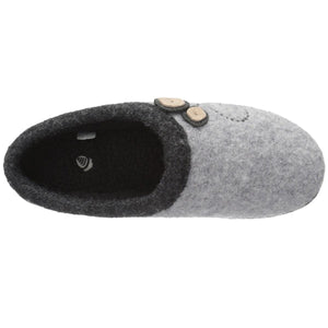 Acorn grey felt slipper with black lining and decorative buttons
