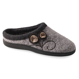 Acorn grey felt mule slipper with black trim and decorative flower detail