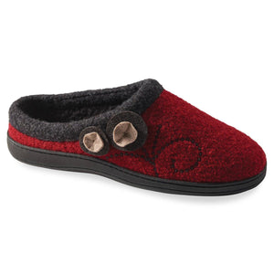 Acorn red felted wool mule slipper with black trim and decorative flower detail