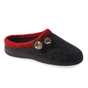 Acorn charcoal grey felt mule slipper with red trim and two tan circular accents