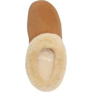 Acorn tan suede slipper with cream faux fur lining