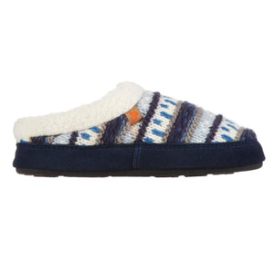 Acorn blue and white striped knit slipper with white fleece lining and dark blue suede trim