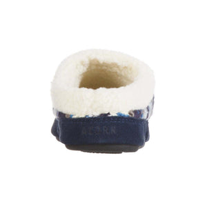 Rear view of Acorn blue patterned slipper with white fleece lining