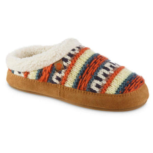 Acorn slipper with multicolored knit pattern and suede trim