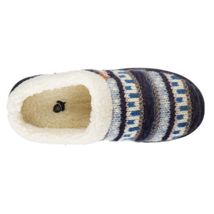 Acorn slipper with blue and grey striped knit upper and white fleece lining