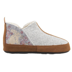 Acorn grey slipper with rabbit and floral embroidery and brown suede trim