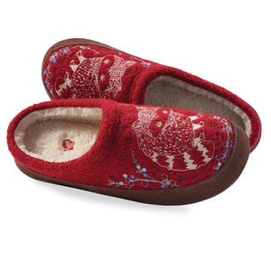 Acorn red felt slippers with raccoon embroidery and cream fleece lining