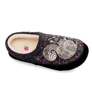 Acorn charcoal grey slipper with white fleece lining and embroidered squirrel design