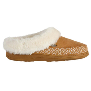 Acorn tan suede slipper with white faux fur trim and embroidered pattern
