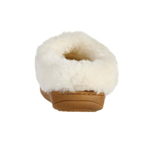 Acorn slipper with cream faux fur lining and tan rubber heel