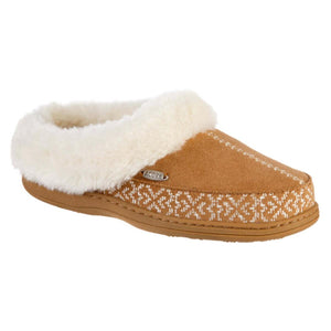 Acorn tan suede slipper with white faux fur lining and embroidered trim