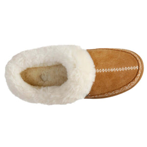 Acorn tan suede slipper with white faux fur lining and decorative stitching