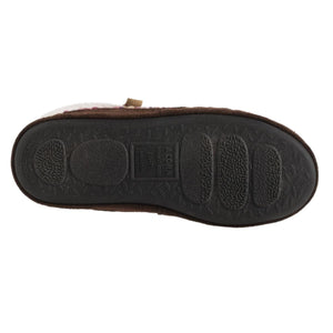 Black rubber outsole of an Acorn slipper with textured tread pattern