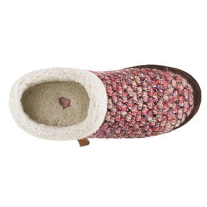 Acorn slipper with a multi-colored knit upper and cream fleece lining viewed from above