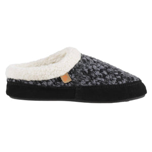 Acorn grey textured knit mule slipper with white fleece lining and black suede trim