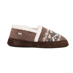 Acorn brown knit slipper with white fleece lining and suede trim