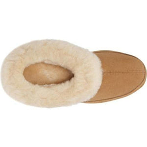 Acorn tan suede slipper with cream faux fur lining viewed from above