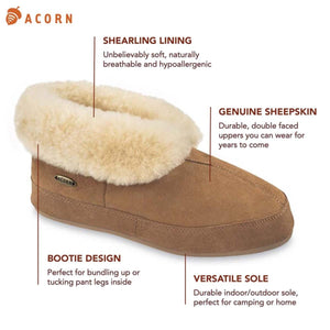 Acorn bootie slipper with shearling lining and genuine sheepskin upper featuring indoor outdoor sole