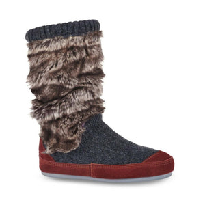 Acorn grey knit boot with brown faux fur cuff and red suede trim