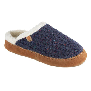 Acorn blue knit slipper with tan suede trim and white fleece lining