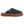 Acorn navy blue knit slipper with white fleece lining and brown suede trim