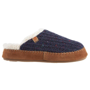 Acorn navy blue knit slipper with white fleece lining and brown suede trim
