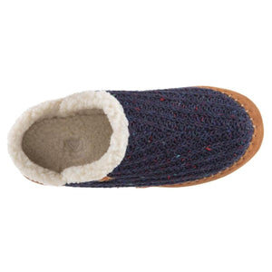 Acorn navy blue knit slipper with cream fleece lining and tan suede trim