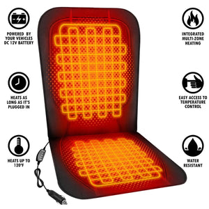 ActionHeat heated car seat cushion with feature icons highlighting power source heating zones and temperature control