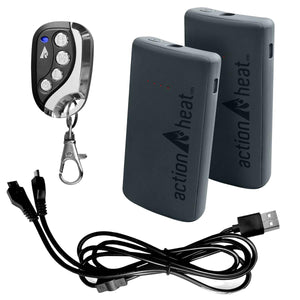 ActionHeat remote control and two rechargeable power banks with charging cable