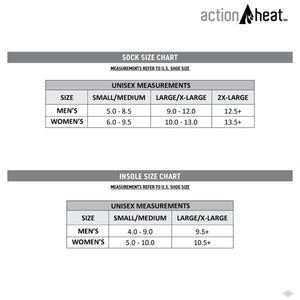 ActionHeat sock and insole size chart showing US shoe size conversions for men and women