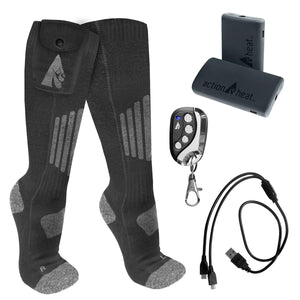 ActionHeat black heated socks with battery packs, remote control, and charging cable