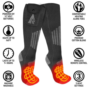 ActionHeat black battery heated socks with feature icons highlighting heating capabilities and settings