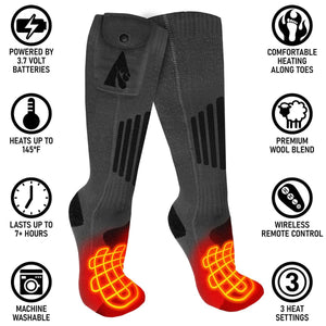 ActionHeat grey wool blend battery powered heated socks with feature icons