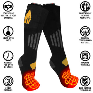ActionHeat battery powered heated socks with feature icons detailing battery life heat settings and material