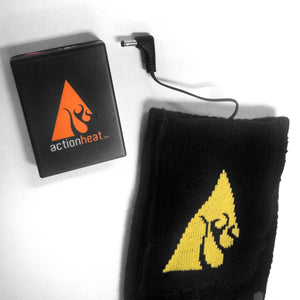 ActionHeat battery pack and black fabric heating element with yellow logo