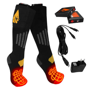 ActionHeat black heated socks with two battery packs, charging cable, and wall adapter