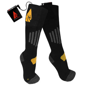 ActionHeat black battery heated socks with grey accents and yellow logo