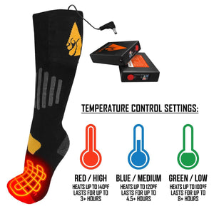 ActionHeat heated socks with battery packs and temperature setting guide