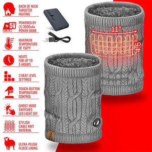 ActionHeat heated cable knit neck gaiter with power bank and feature list