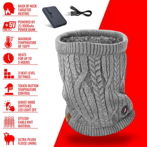 ActionHeat grey cable knit heated neck gaiter with power bank and feature list