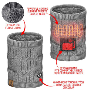 ActionHeat grey cable knit neck gaiter with fleece lining and integrated heating element and power bank pocket