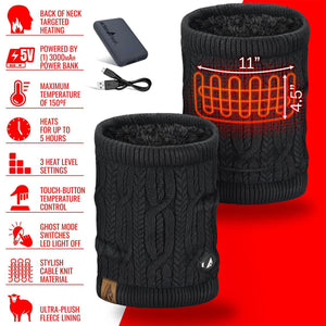 ActionHeat heated neck gaiter with power bank and feature list including heat settings and fleece lining
