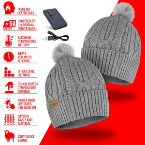 ActionHeat grey cable knit beanie with pom pom and power bank features list
