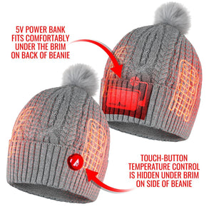 ActionHeat grey beanie showing power bank placement and touch button temperature control location