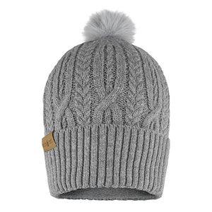 ActionHeat grey cable knit beanie with a faux fur pom pom and a tan logo patch