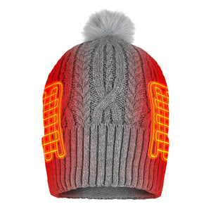 ActionHeat grey cable knit beanie with faux fur pom pom and glowing red heating elements on the sides