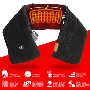ActionHeat black cable knit heated scarf with neck heating element dimensions and feature icons
