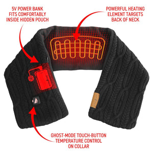 ActionHeat black heated scarf with power bank pouch heating element and touch button control