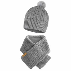 ActionHeat grey cable knit beanie with pom pom and matching scarf